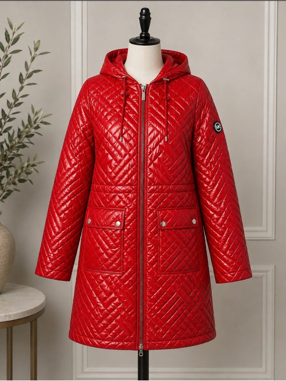 Women's Red Quilted Hooded Coat Michael Kors NWT
